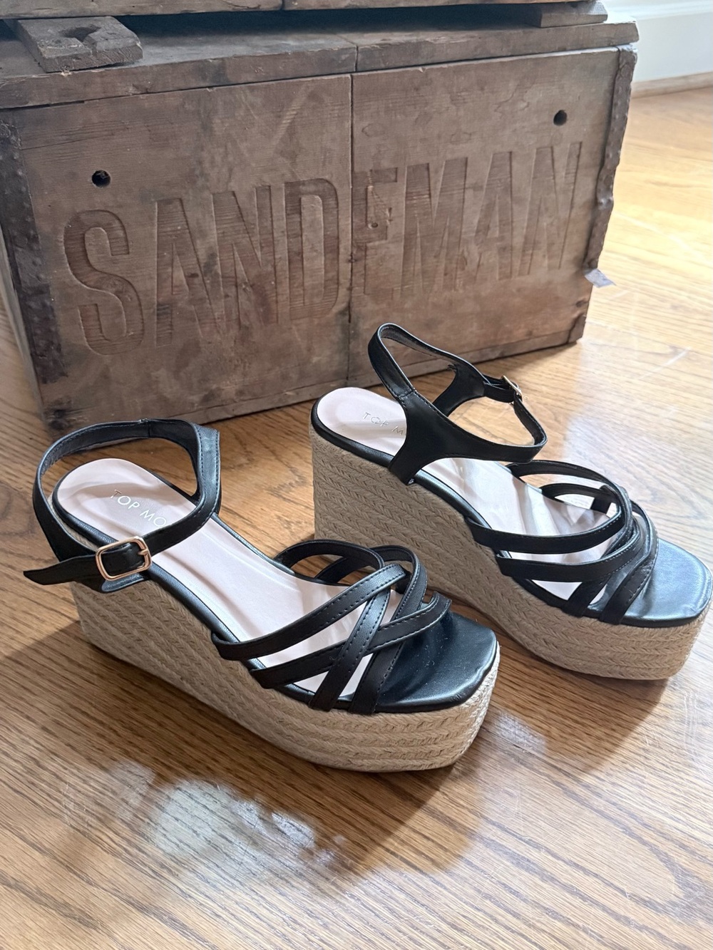TOP Moda Black Strappy Espadrille Wedge Sandals